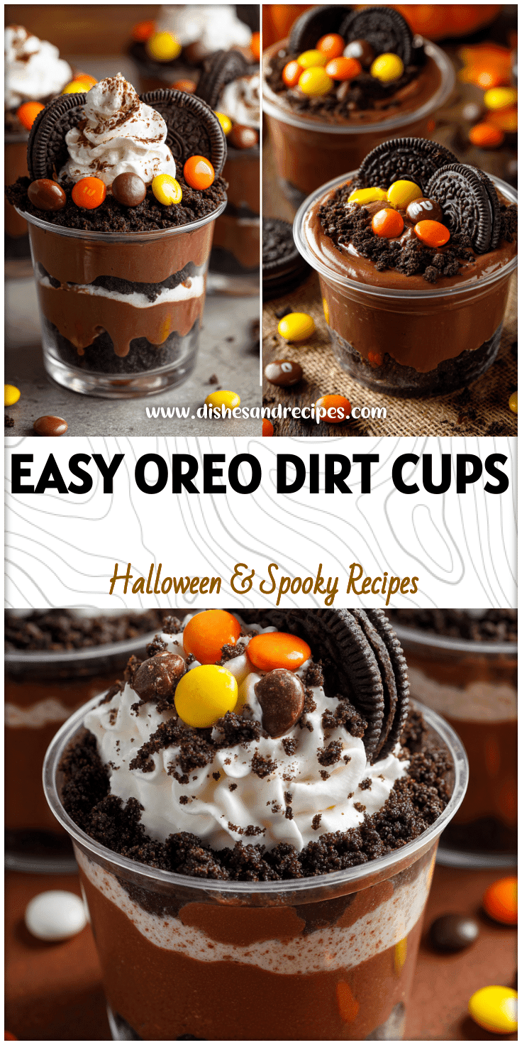 Easy dirt pudding cups with Oreo crumbs and Halloween candy decorations in clear pudding cups.